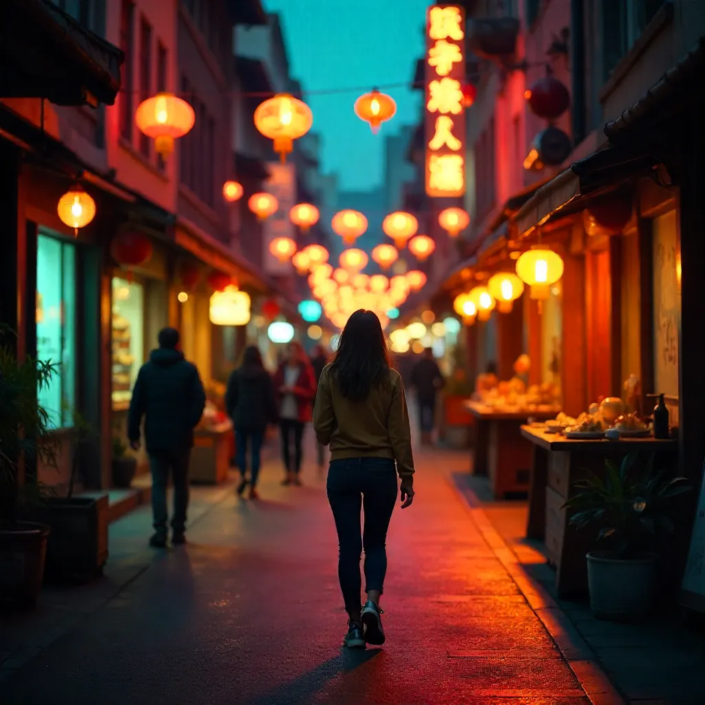 Neon Lanterned Street Stroll at Dusk