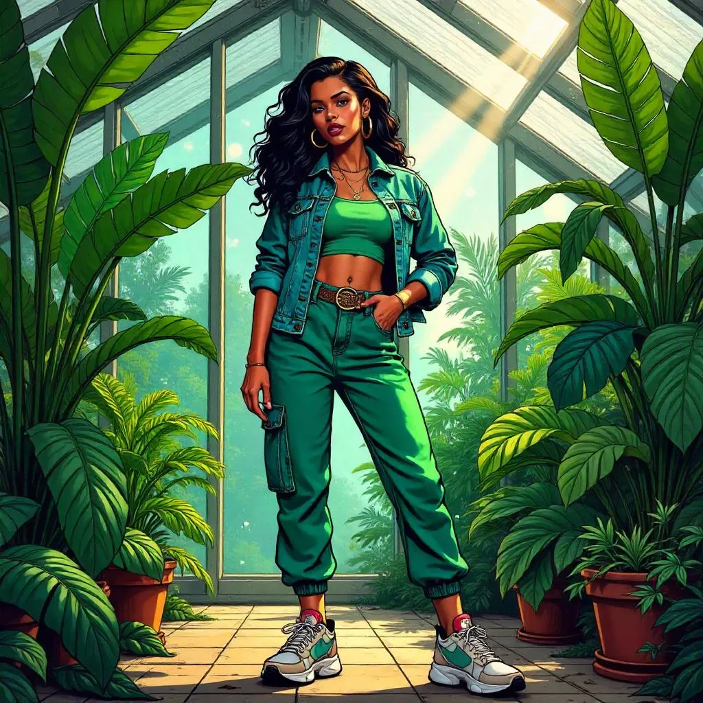 Latina Streetwear Hero in a Greenhouse — Comic Scene