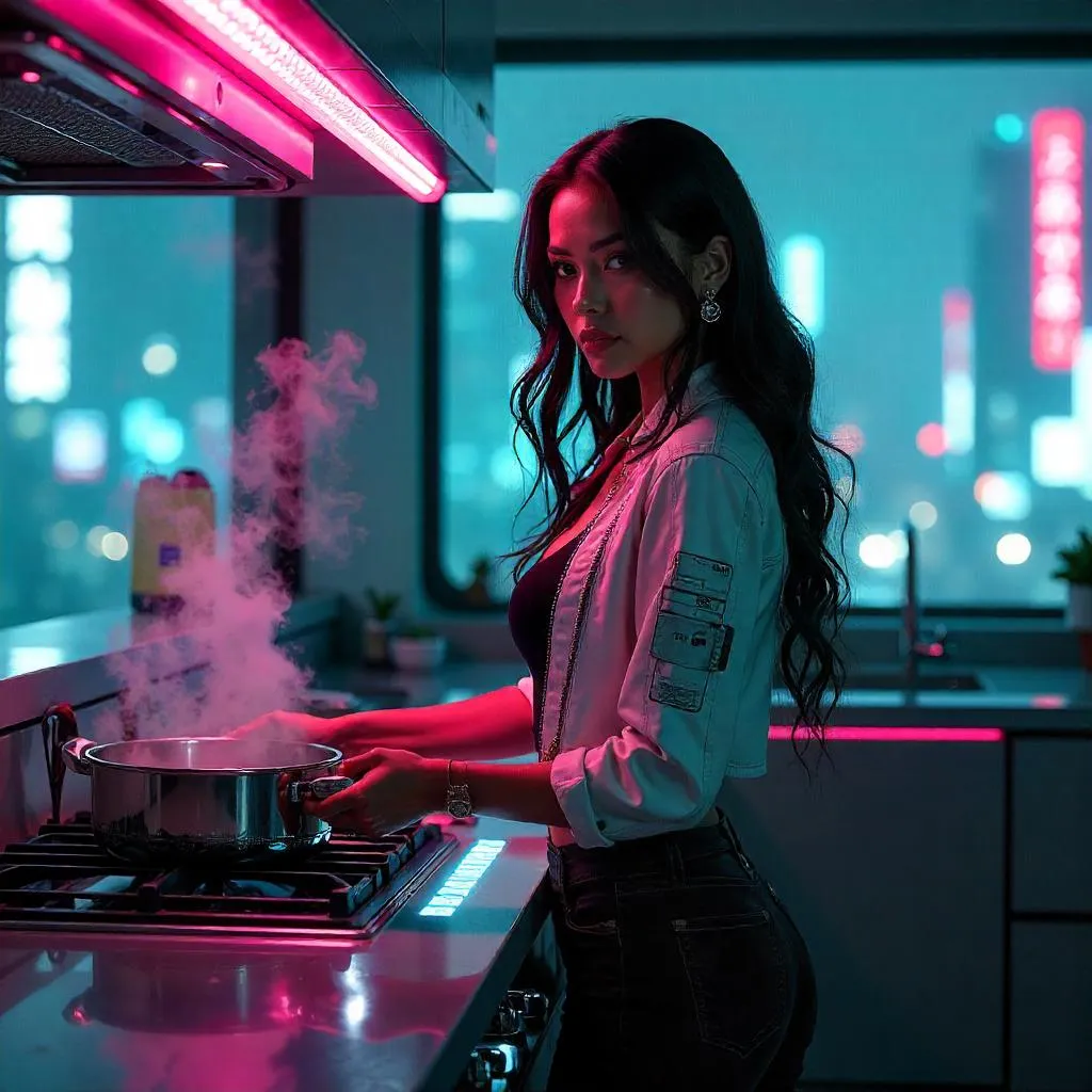 Neon-Lit Cyberpunk Kitchen: Latina in Neon Glow
