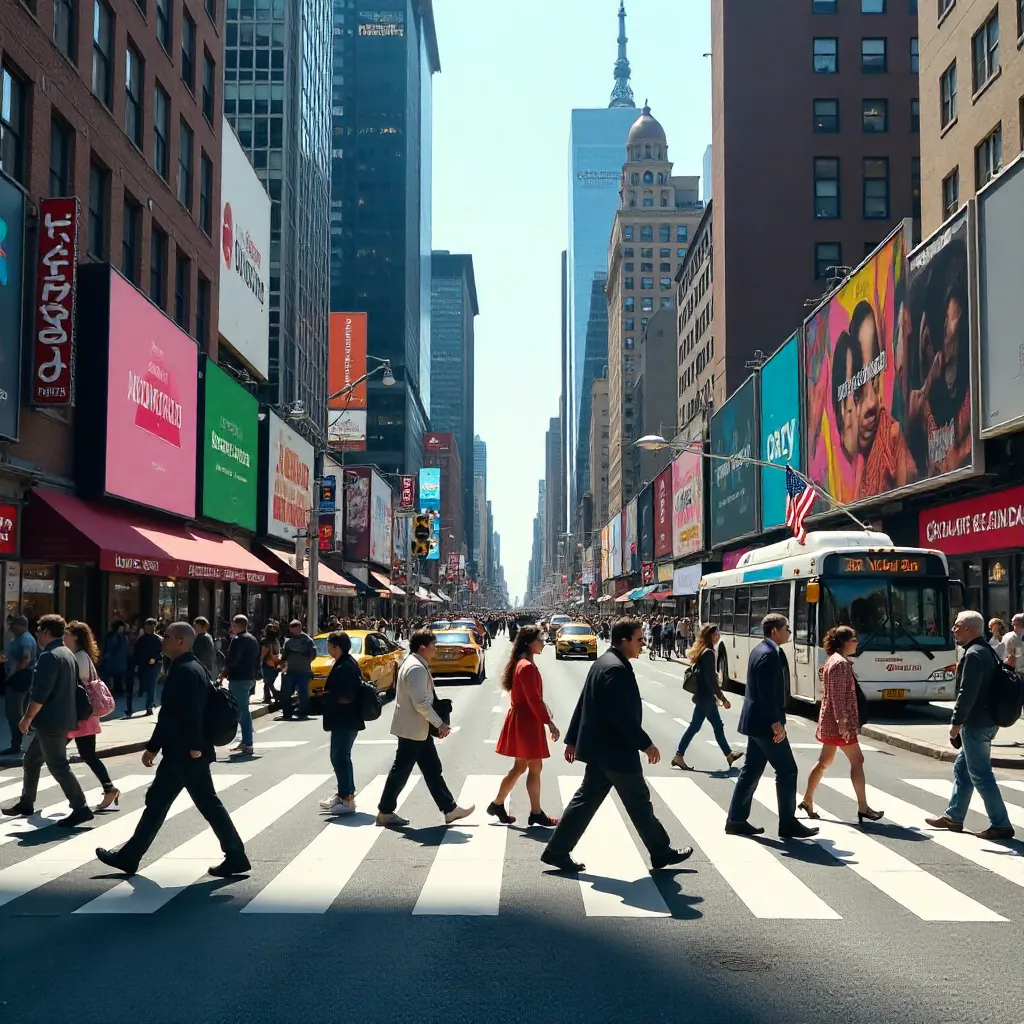 Crosswalk in a Vibrant City Under a Clear Blue Sky