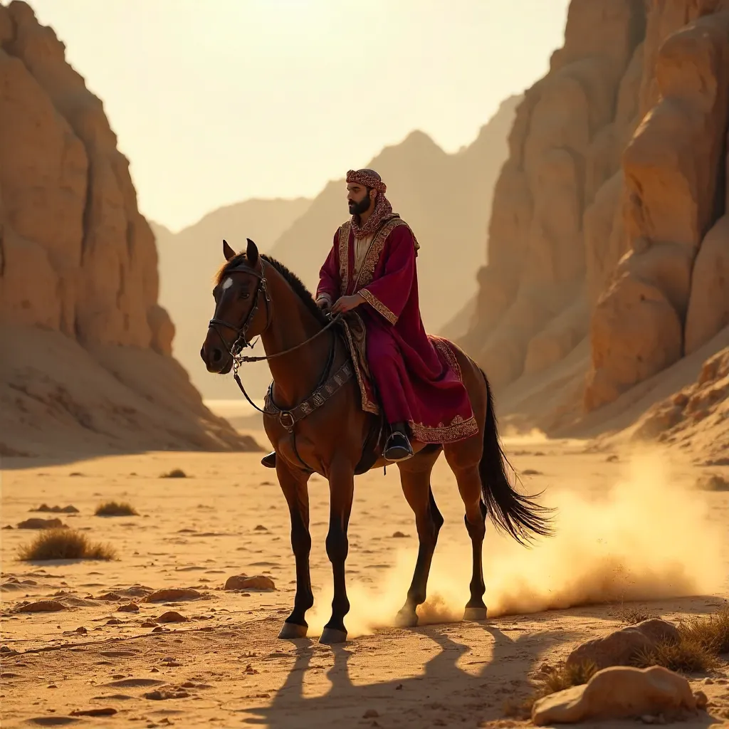 Rider in Traditional Attire Across Desert Cliffs
