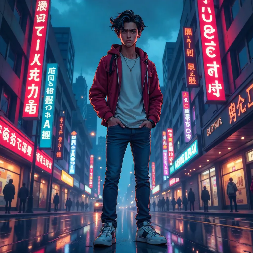 Anime-Style Indian Man on a Neon City Street