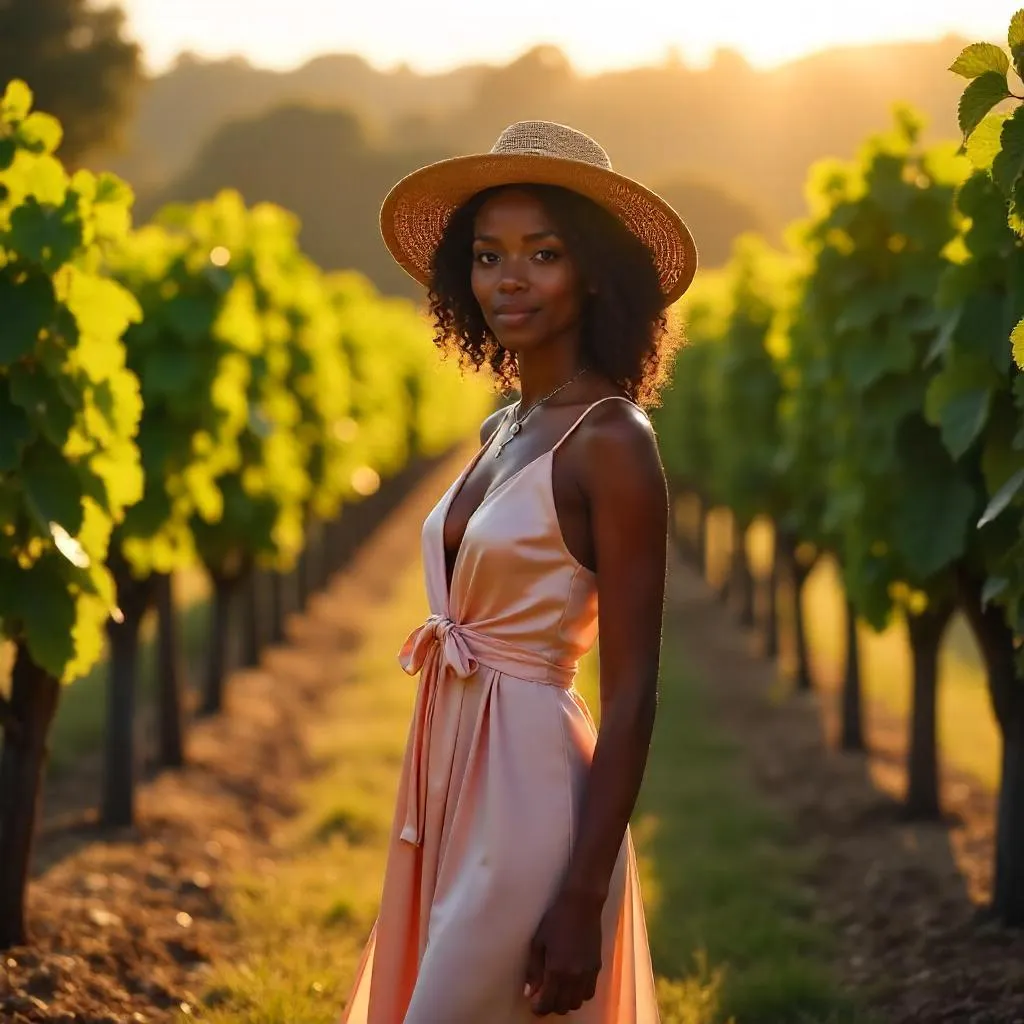 Elegant Black Woman in a Vineyard at Golden Hour