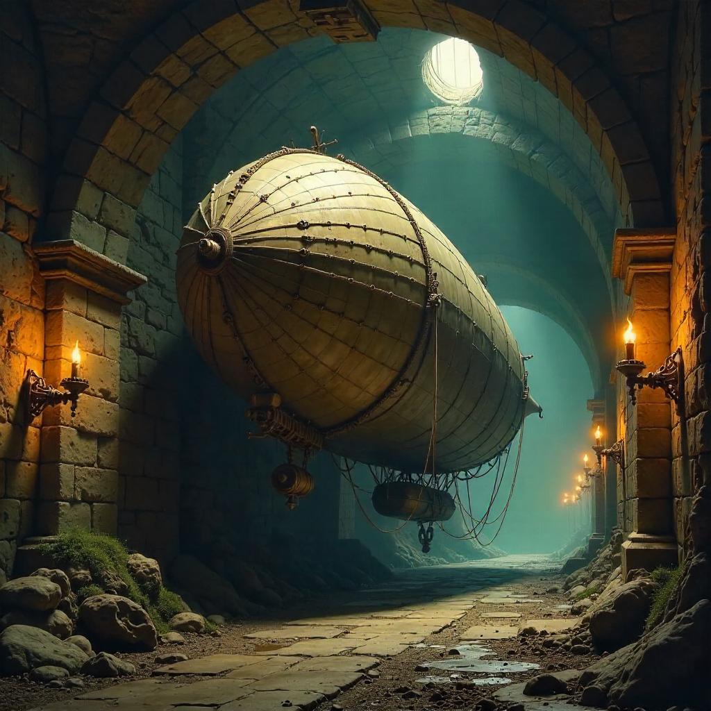 Airship in a Dim Dungeon: Oil Painting