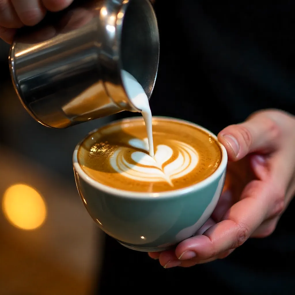 Captivating Close-Up of Latte Art Pour by Barista