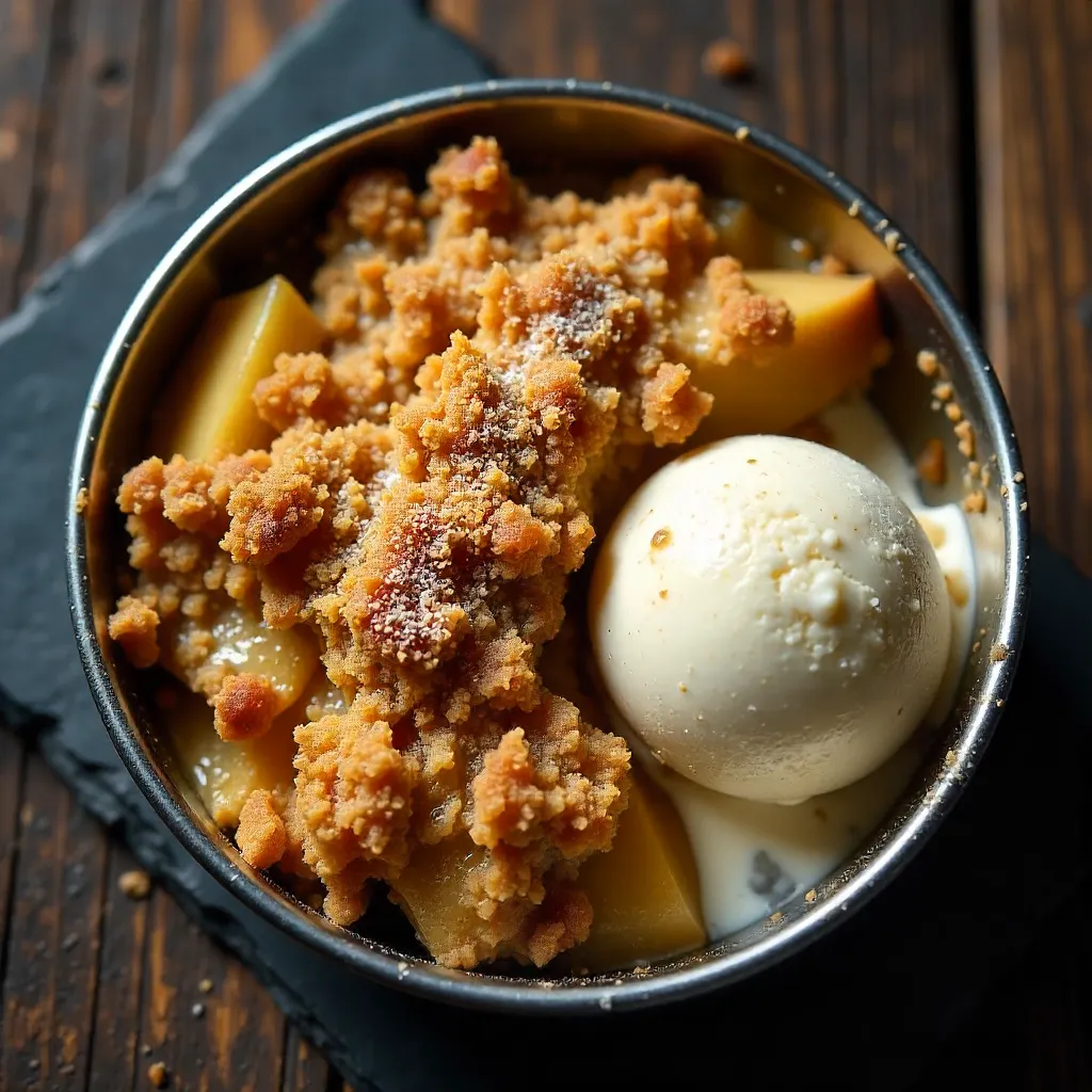 Top-Down Apple Crumble with Vanilla Ice Cream