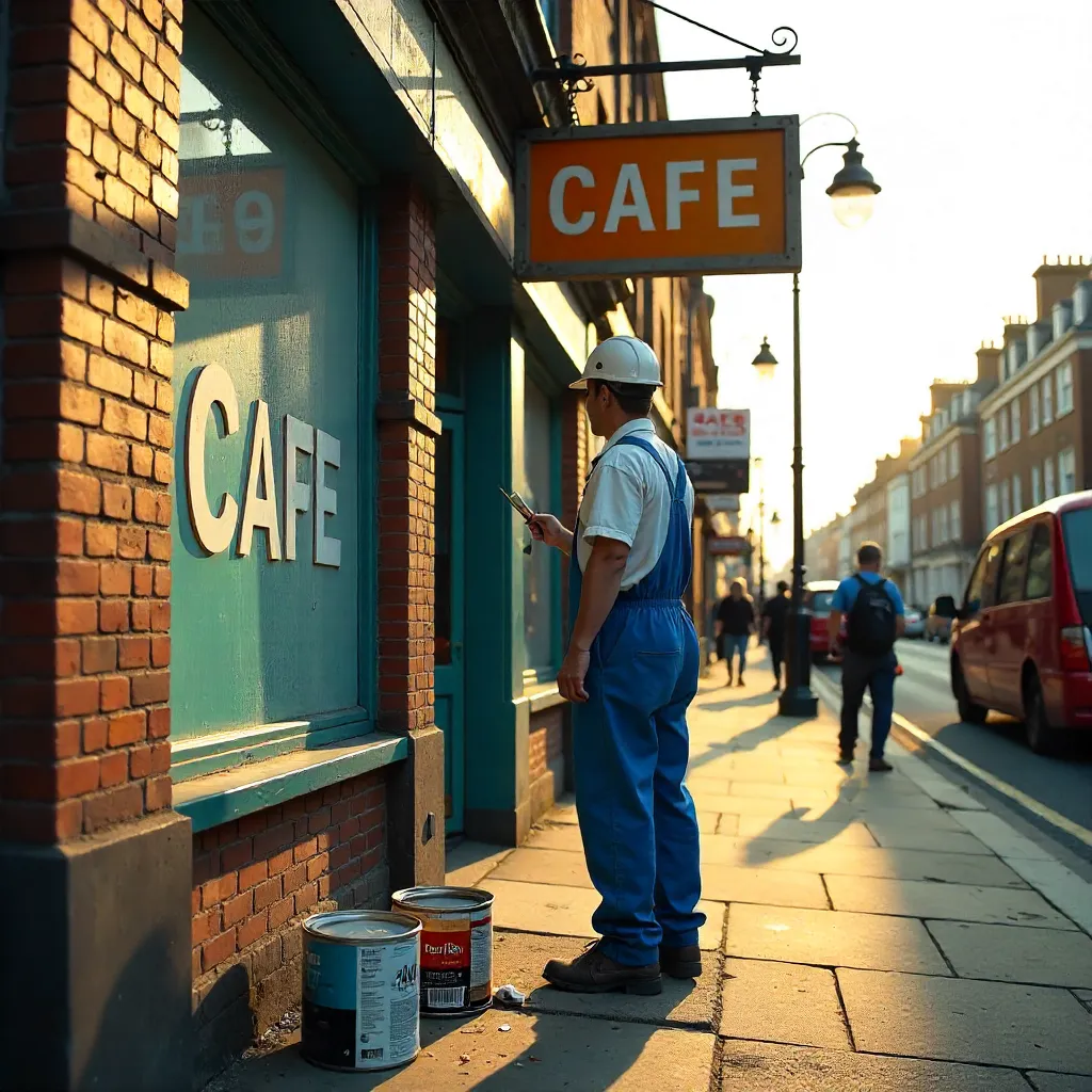 Blue Overalls Painter at Abbey Road Cafe Sign, London