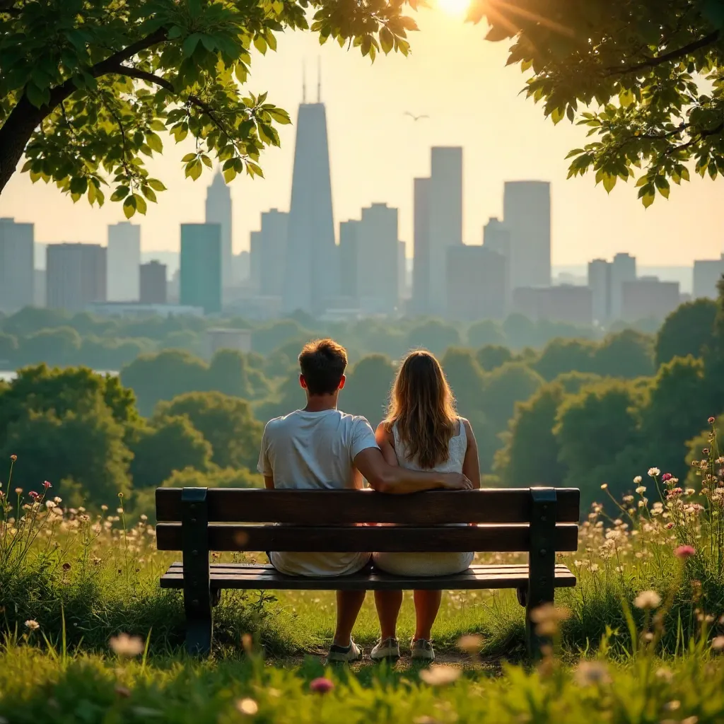 Lovers in a verdant park overlooking skyline