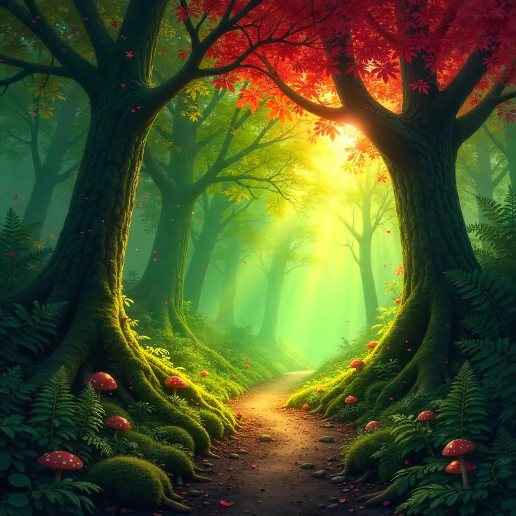 Sunlit Mystic Forest Path with Red Leaves