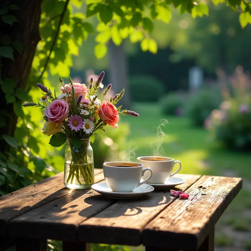 Rustic Garden Table with Coffee and Bouquet