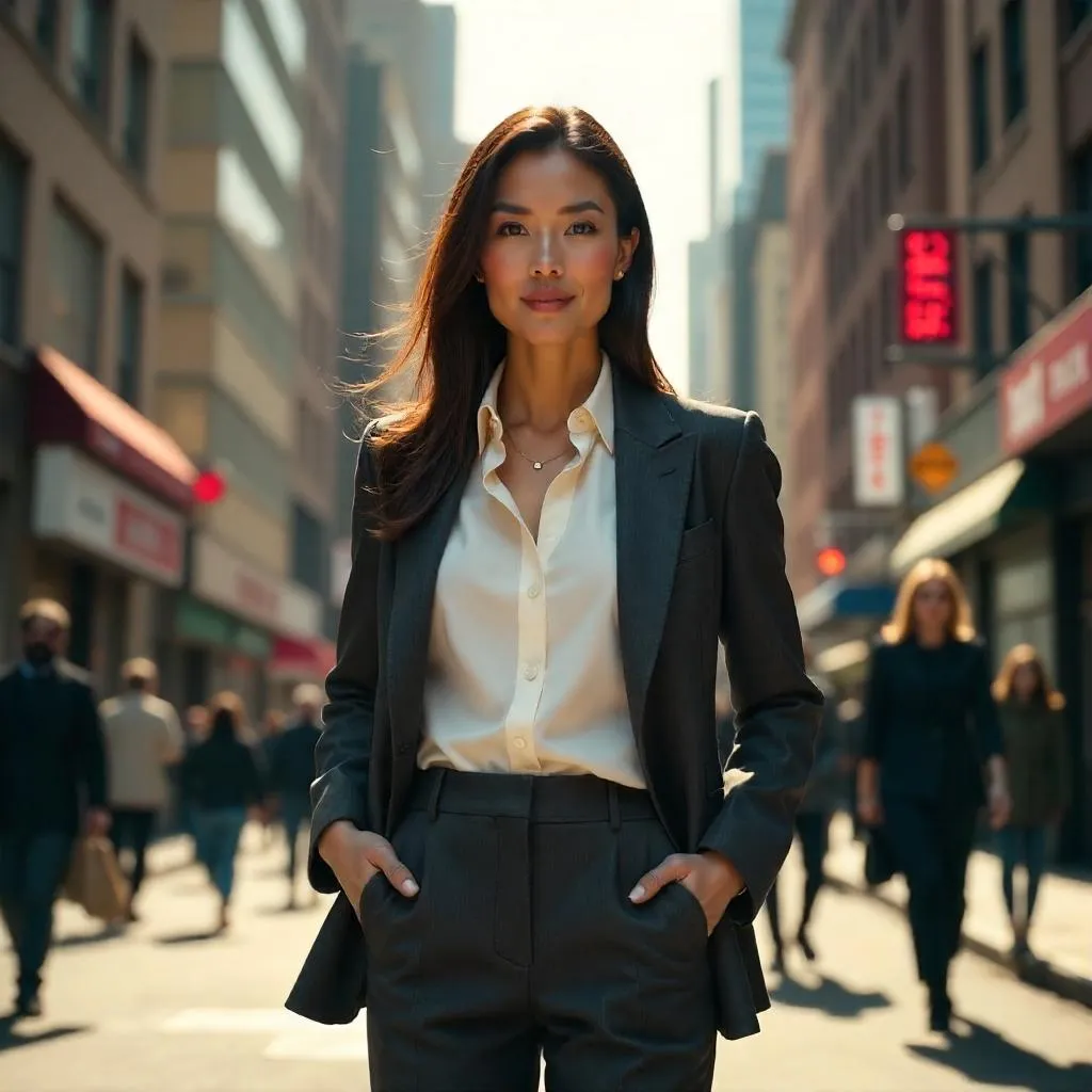 Confident White Woman in Downtown Cityscape