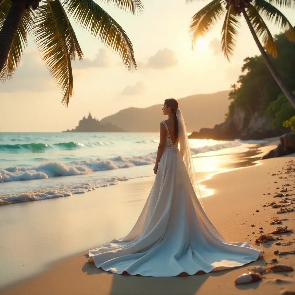 Bride Gazes at Bali Ocean at Golden Hour