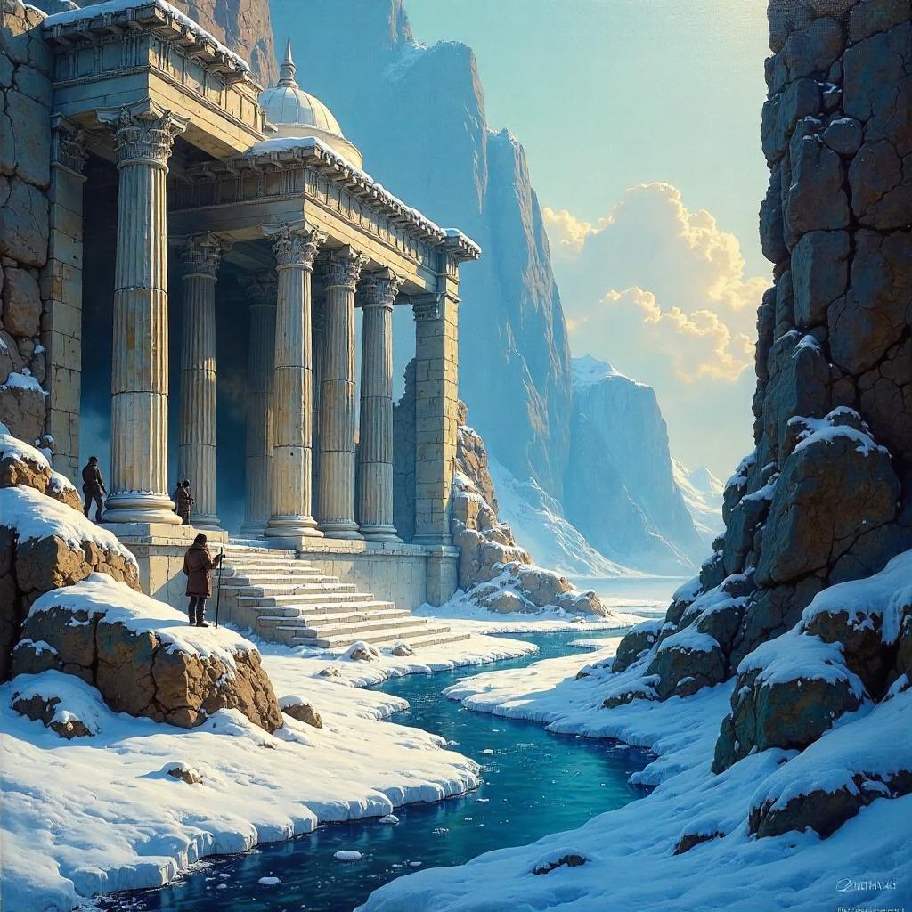 Oil Painting of Ice-Crystal Ruins in a Lost City