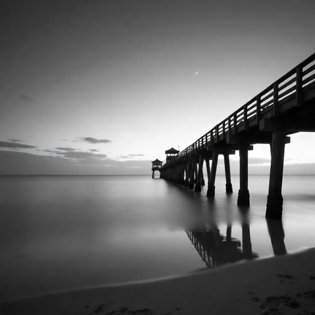 Moonlit Dusk: Serene Black-and-White Beach with Pier