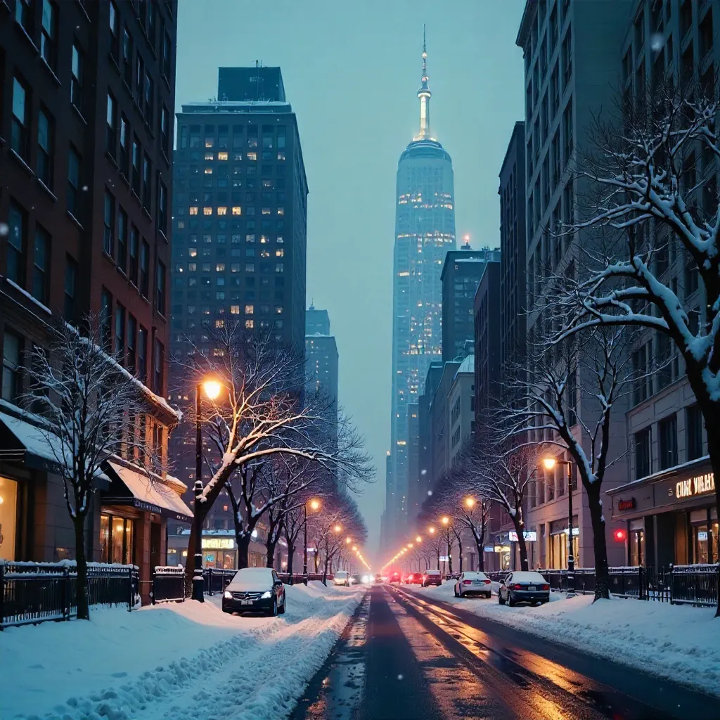 Winter Skyline: Snowy Trees and NYC Skyscrapers