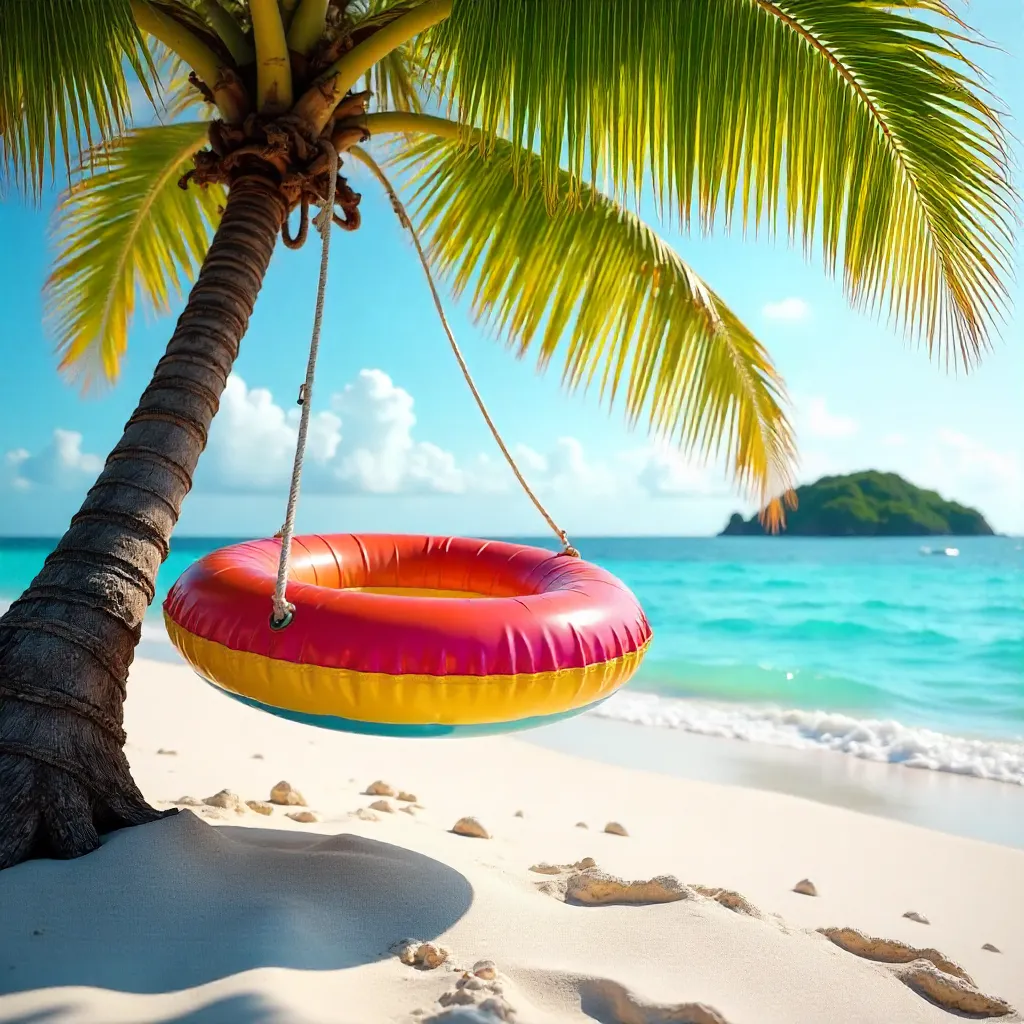 Vibrant Inflatable Hanging from a Tropical Palm Beach