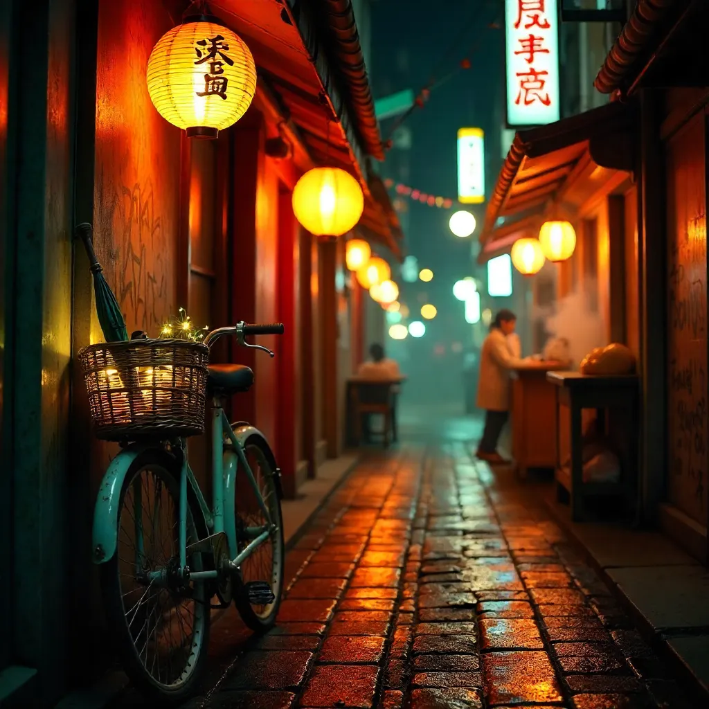 Lantern-lit Night Alley: Bicycle in Vibrant Glow