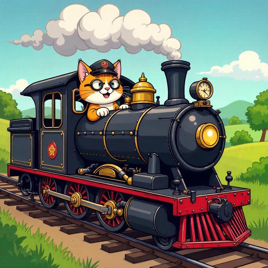 Whimsical Cartoon Cat in a Steam Locomotive
