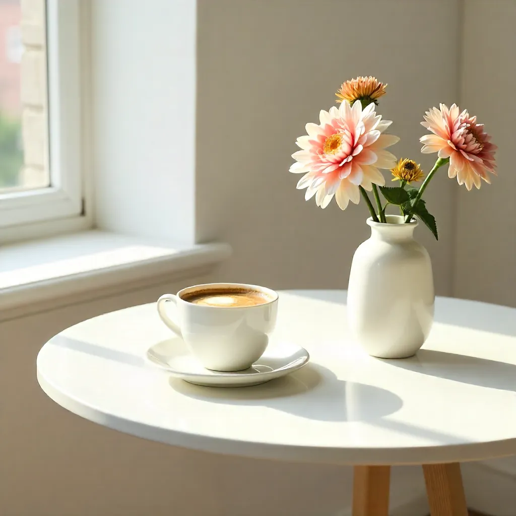 Minimalist White Table with Coffee and Flowers