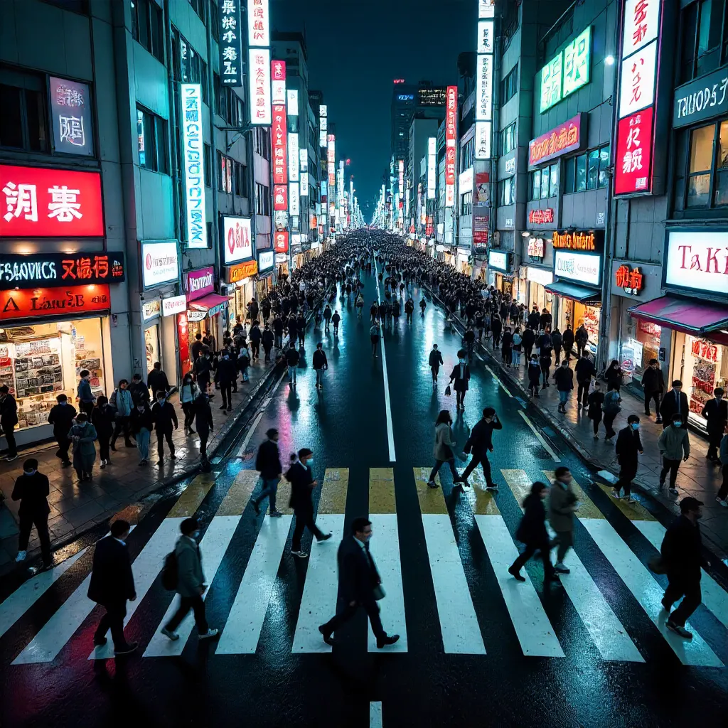 Aerial Night Crossing Over Tokyo Zebra Crosswalk