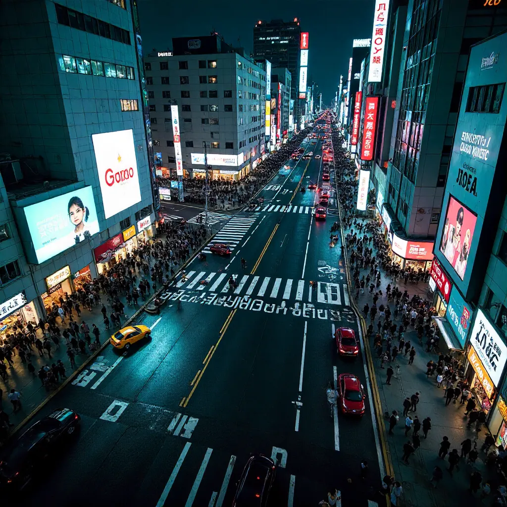 Aerial Night Lights over Shibuya Crossing