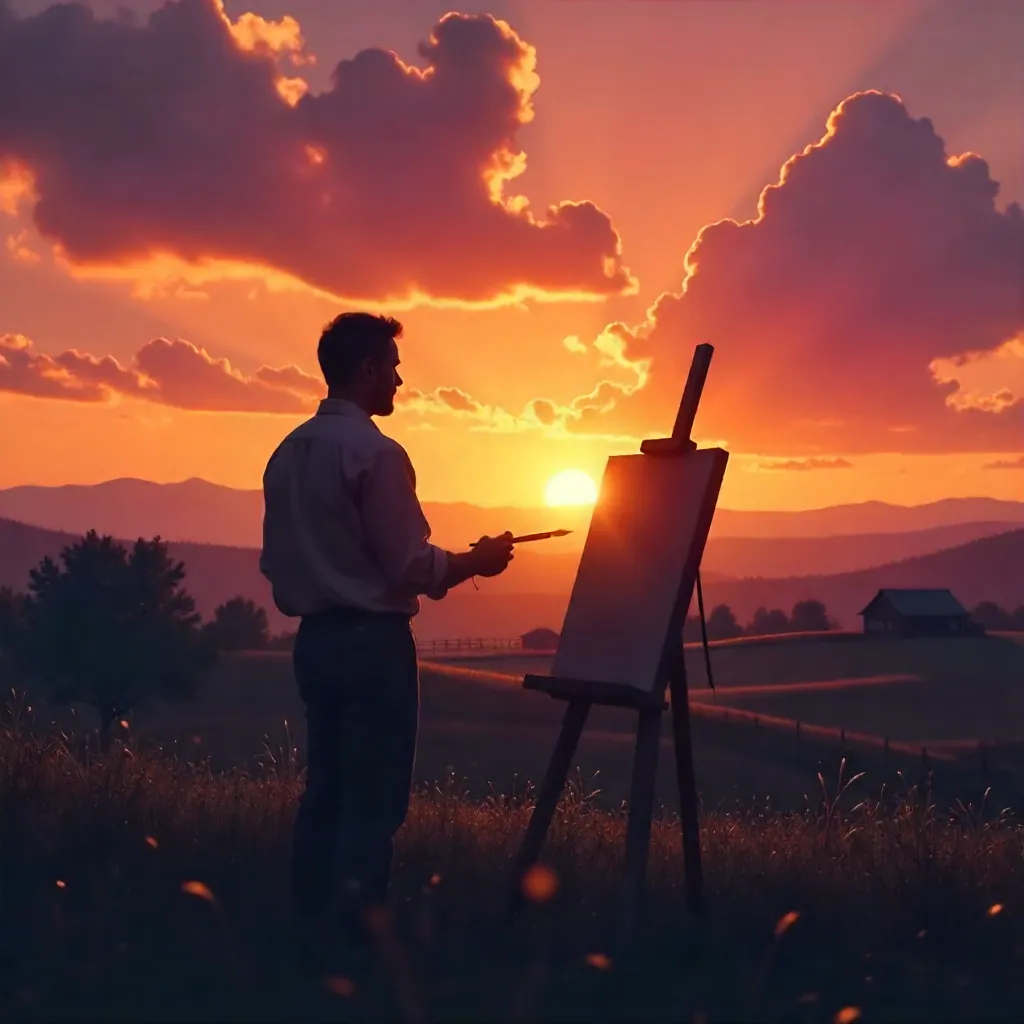 Silhouette of an Artist Painting at Sunset Over a Rural Landscape