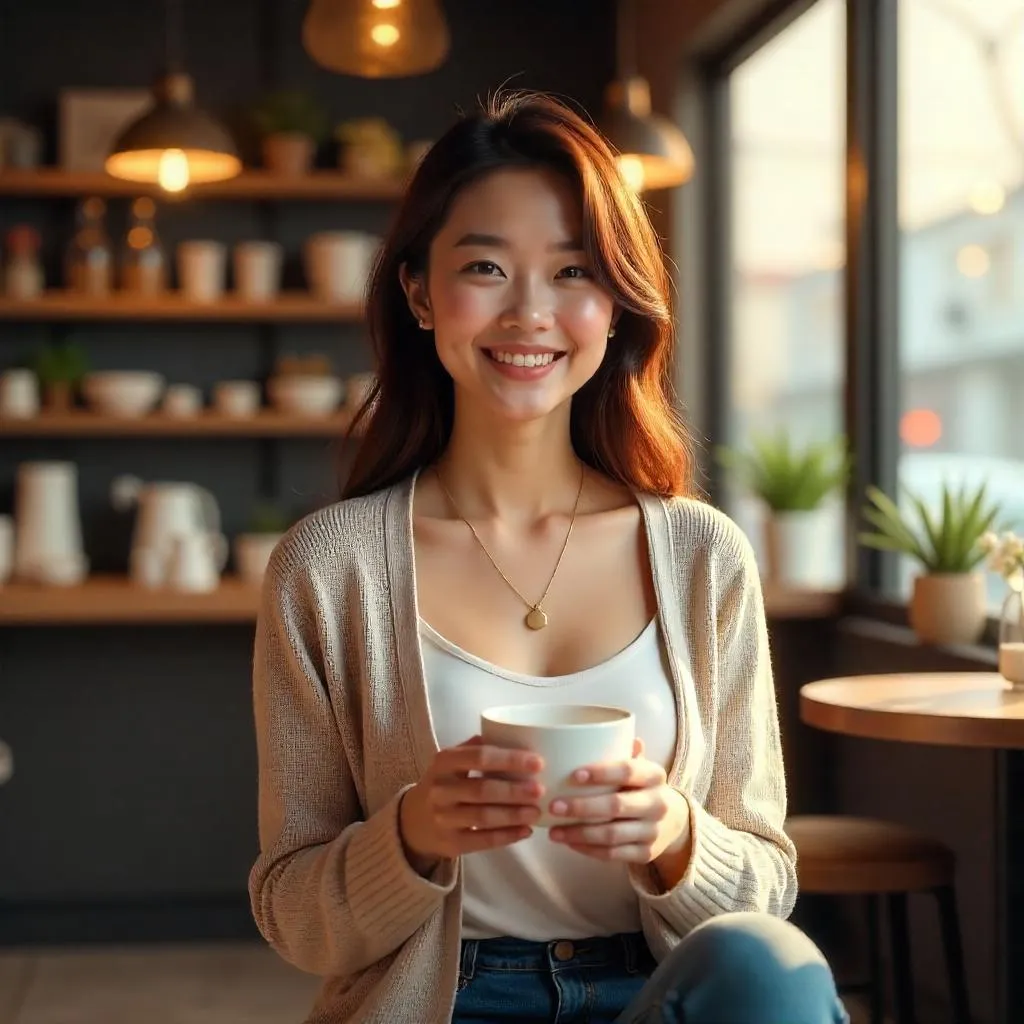 Cheerful Asian Woman in a Cozy Coffee Shop - 3D Render