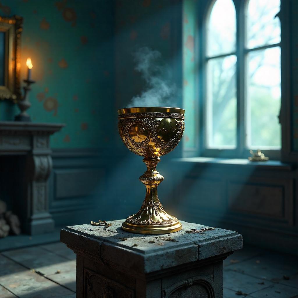 Golden Chalice in a Haunted House 3D Render