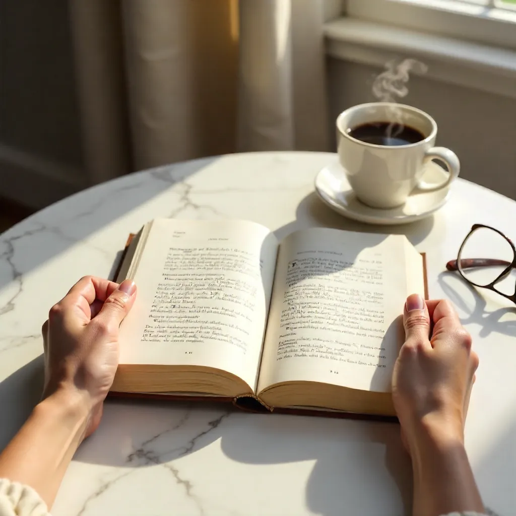 Morning Serenity: Hands Holding a Book on Marble