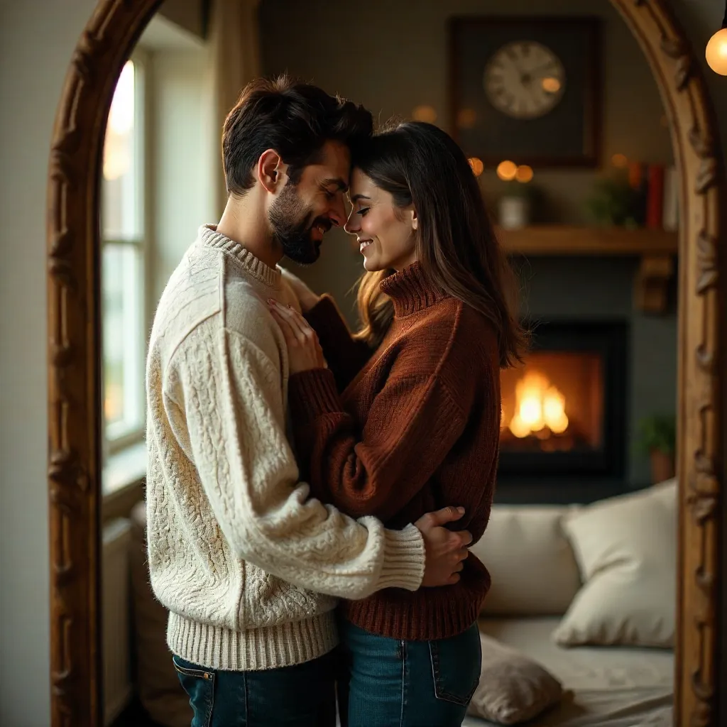 Warm Mirror Embrace in Cozy Sweaters