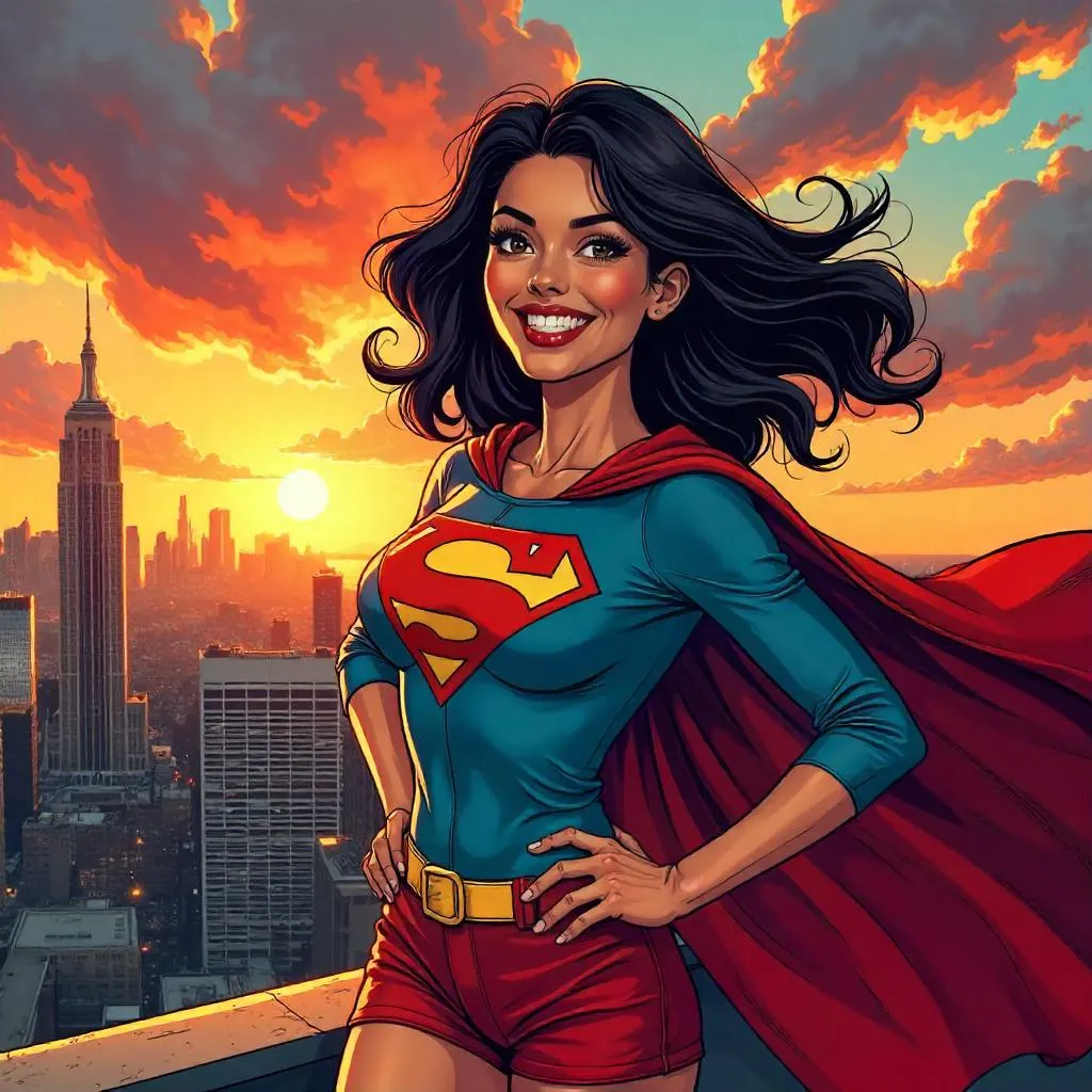 Cheerful Latina Hero on a Rooftop – Comic Style