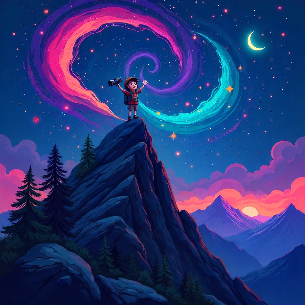Galaxy on a Mountain Peak in Cartoon Style