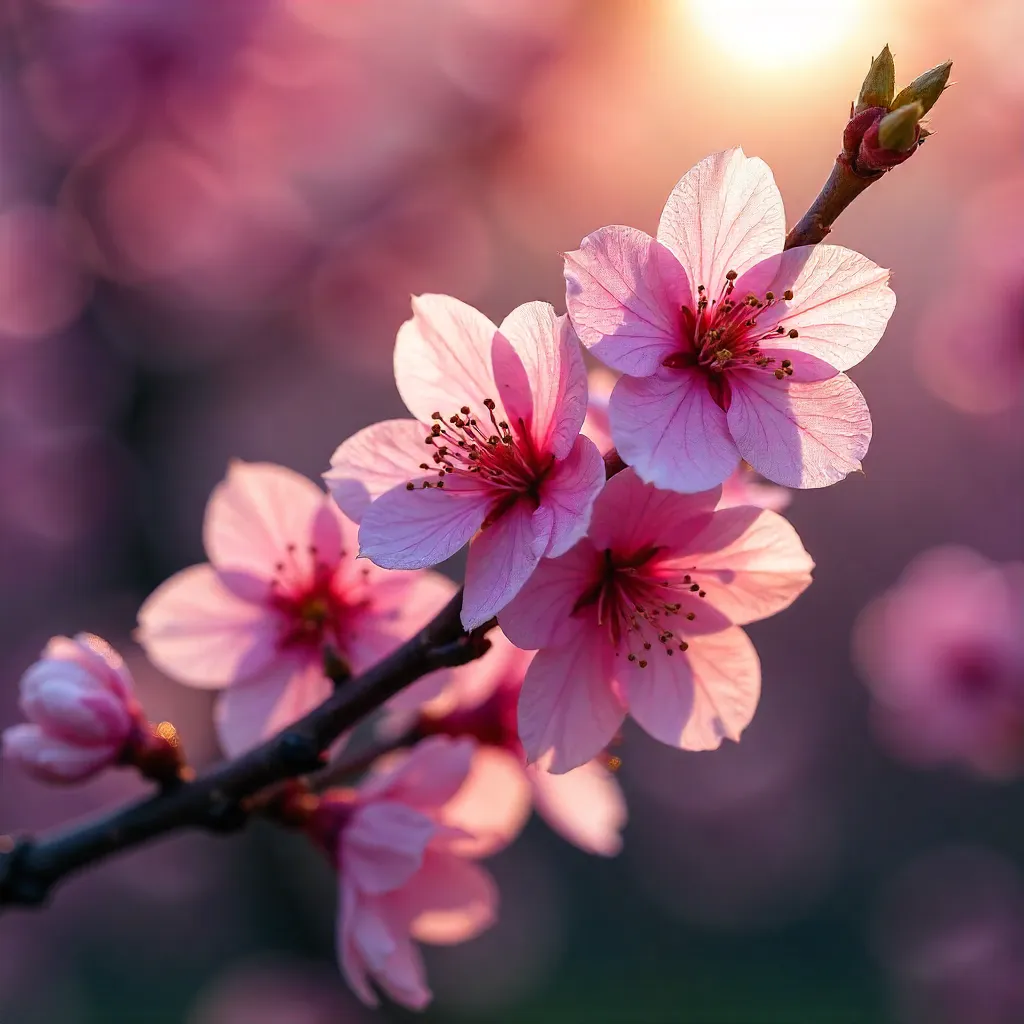 Close-Up: Delicate Pink Cherry Blossoms in a Vibrant Backdrop