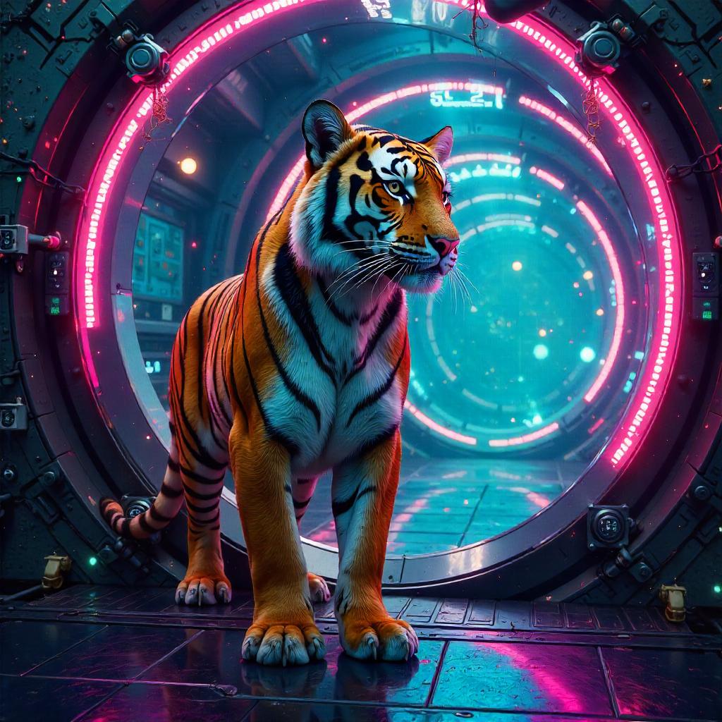 Tiger in a Neon Portal Lab (Digital Art)