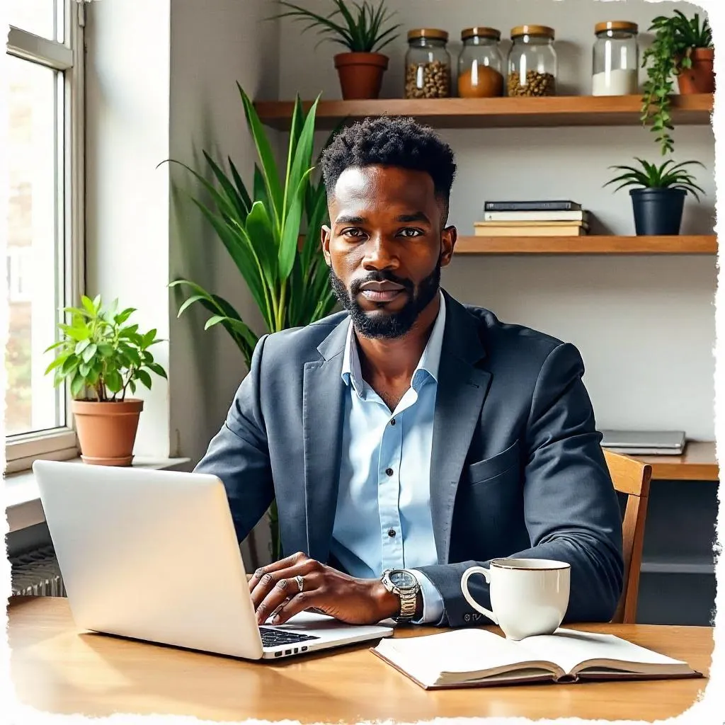 Watercolor Portrait: Handsome Black Man in a Modern Workspace