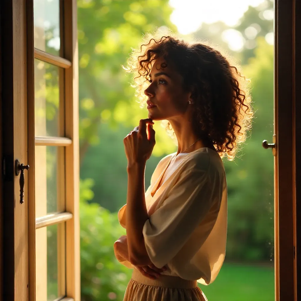 Thoughtful Woman by a Sunlit Outdoor Window