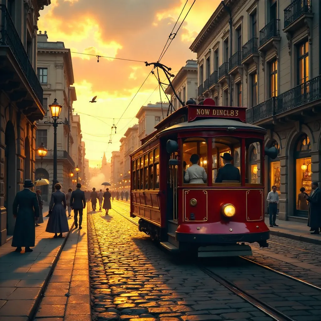 Vintage Streetcar on a Red Track in a Historic City