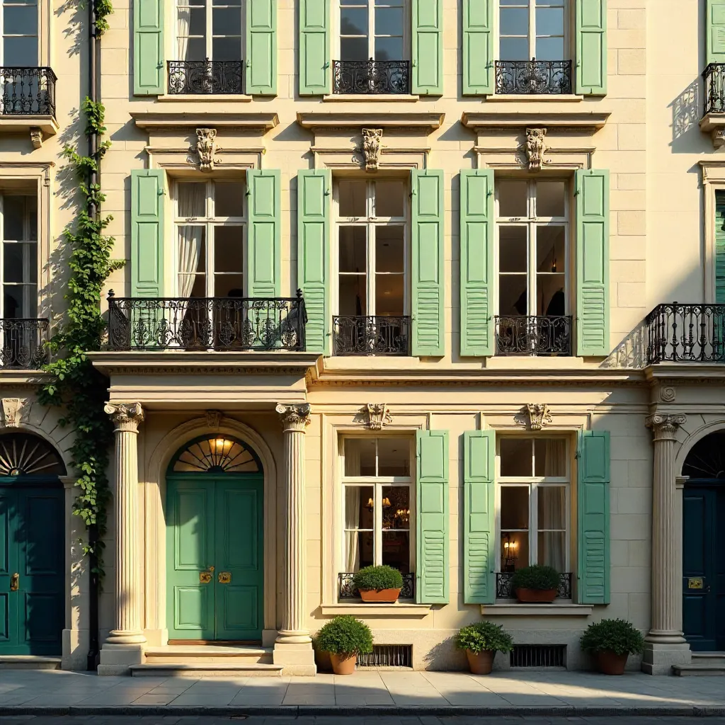Elegant Facade with Light Green Shuttered Windows