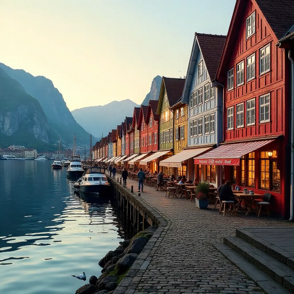 Colorful Bryggen Wharf in Bergen at Golden Hour