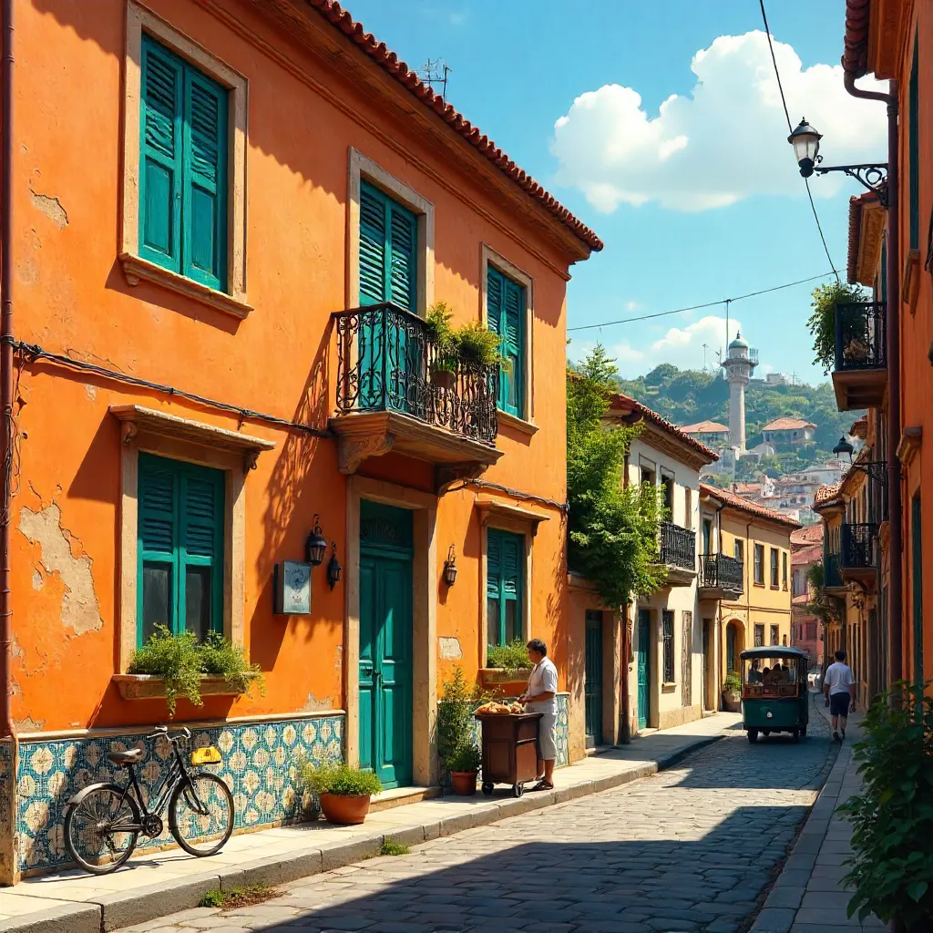 Sunlit Orange House and Bustling Istanbul Street