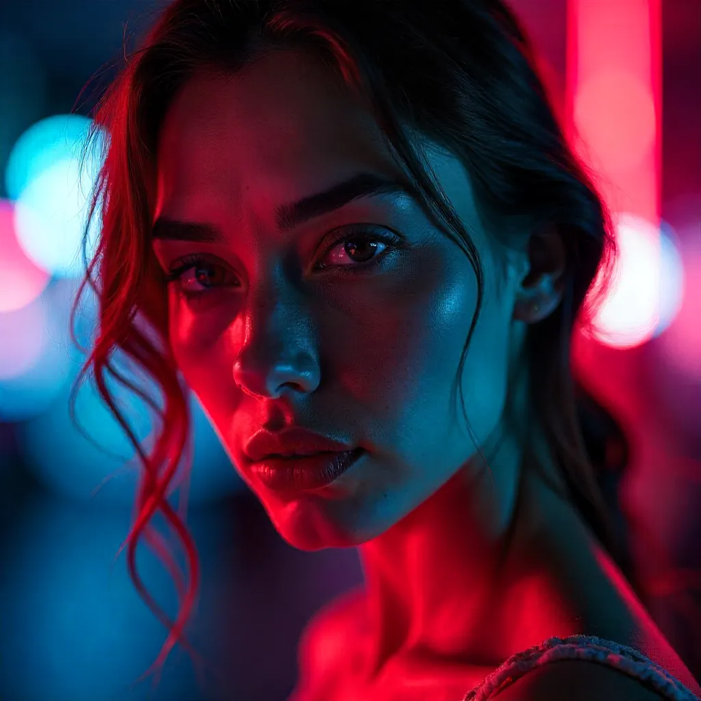 Neon Duel Portrait: Red and Blue Lights