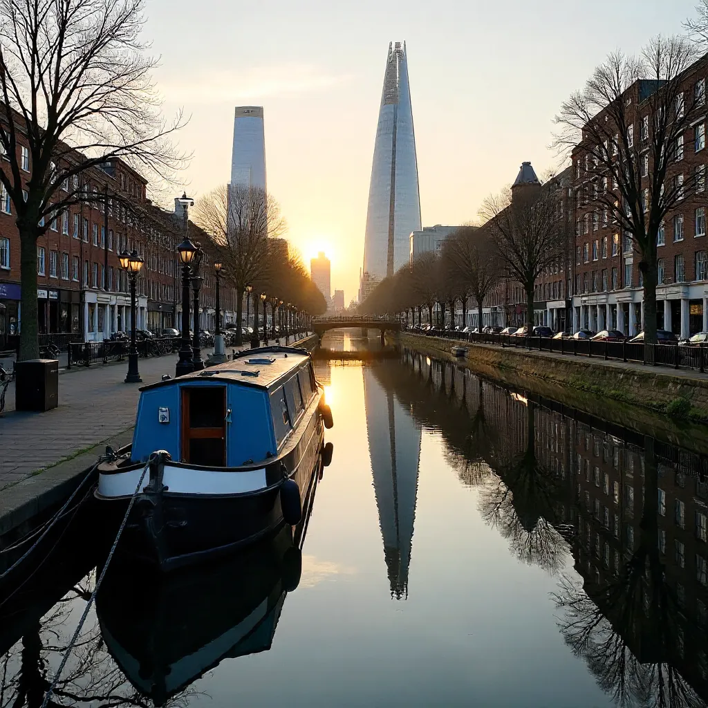 Tranquil London Canal with Modern Glass Skyline