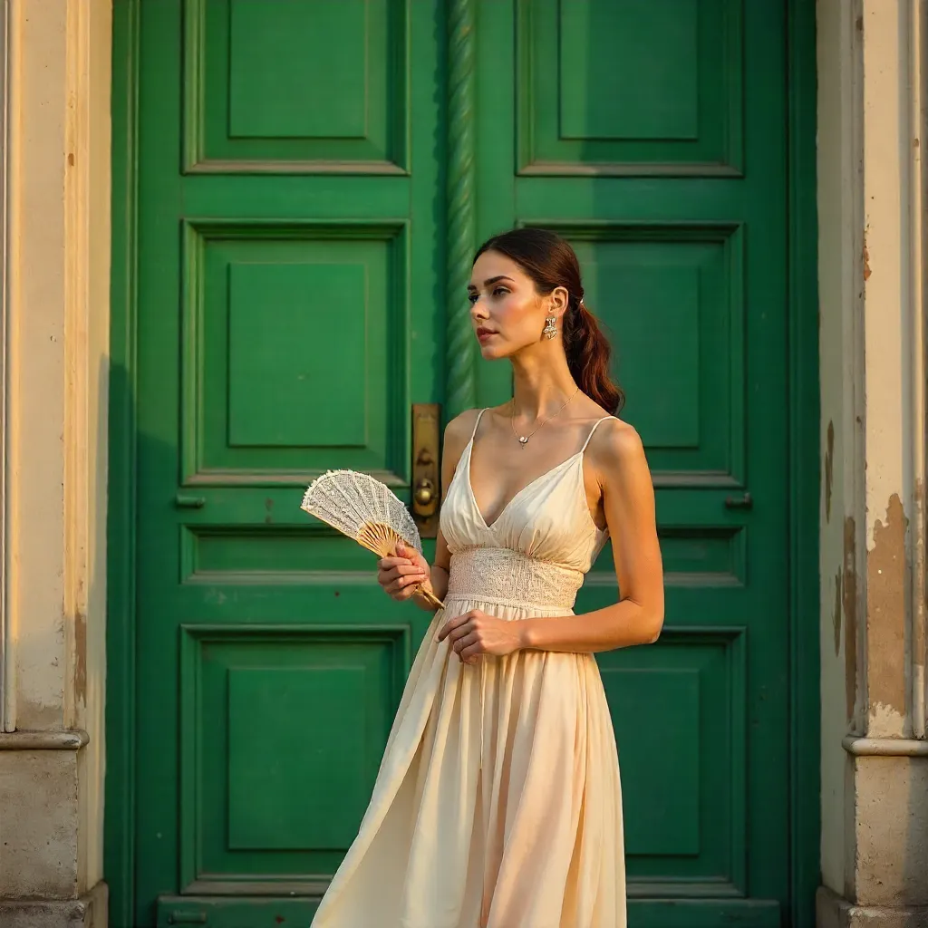 Woman with a Fan Before Green Doors