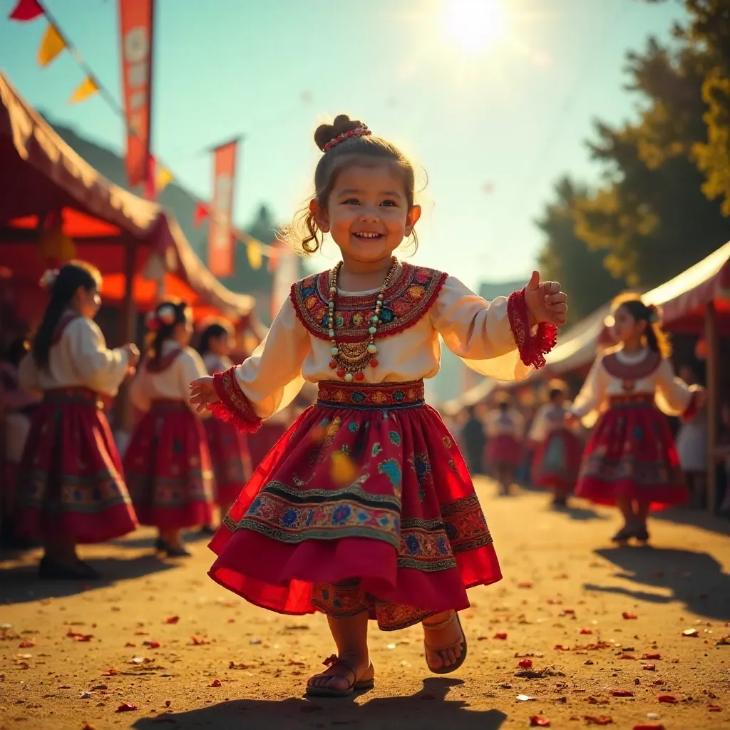 Joyful Child in Colorful Traditional Attire at Outdoor Festival
