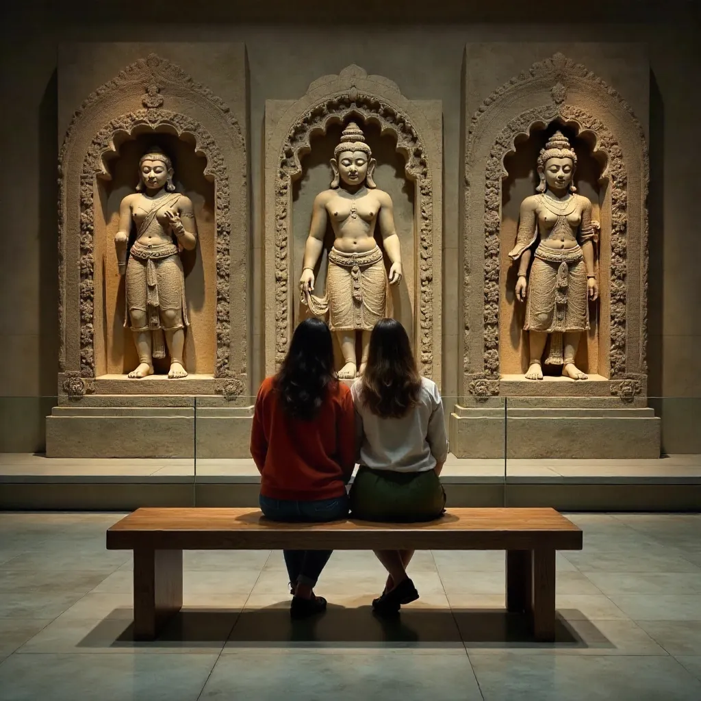Two Women by Khmer Stone Carvings in Gallery