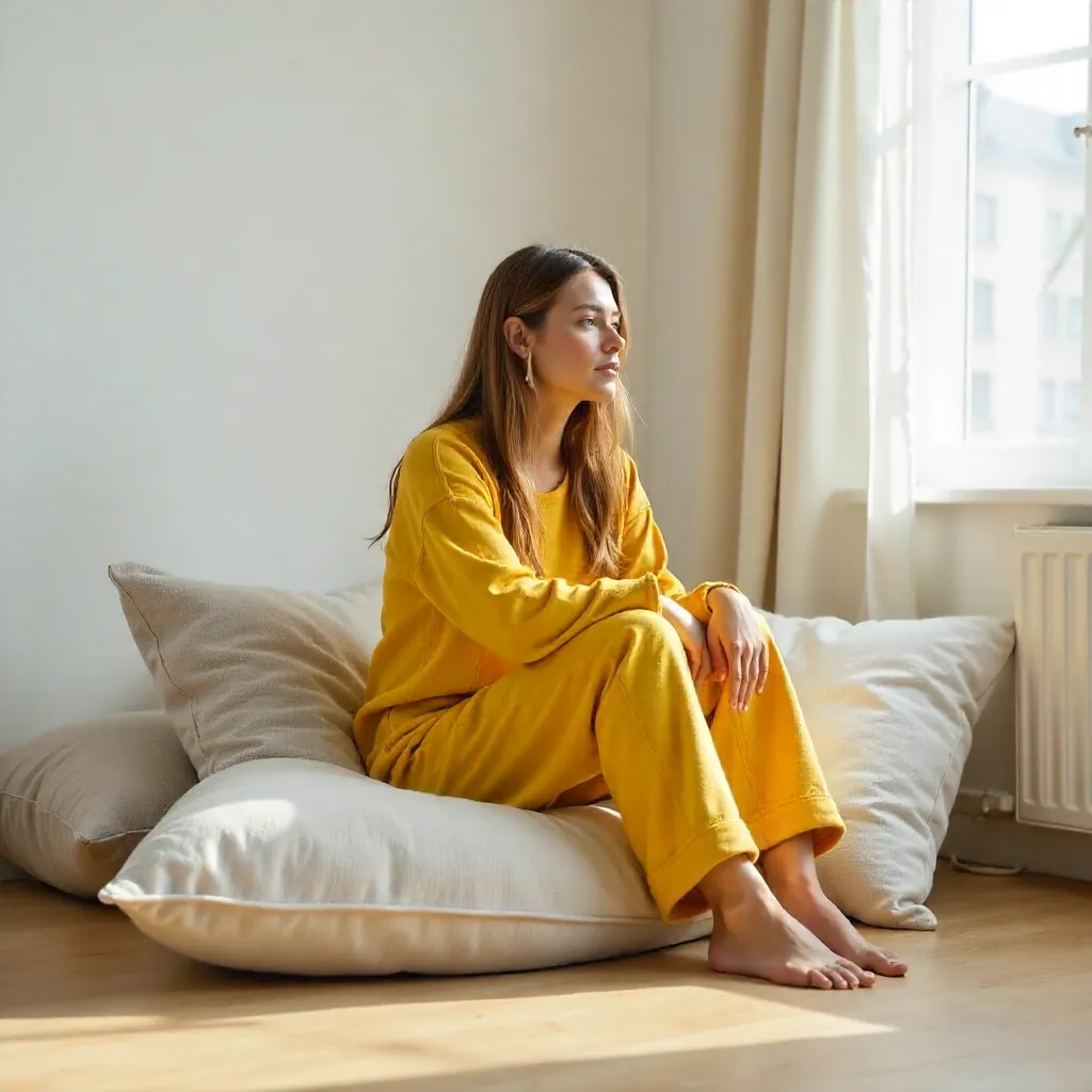 Woman in Yellow Loungewear in Minimalist Room