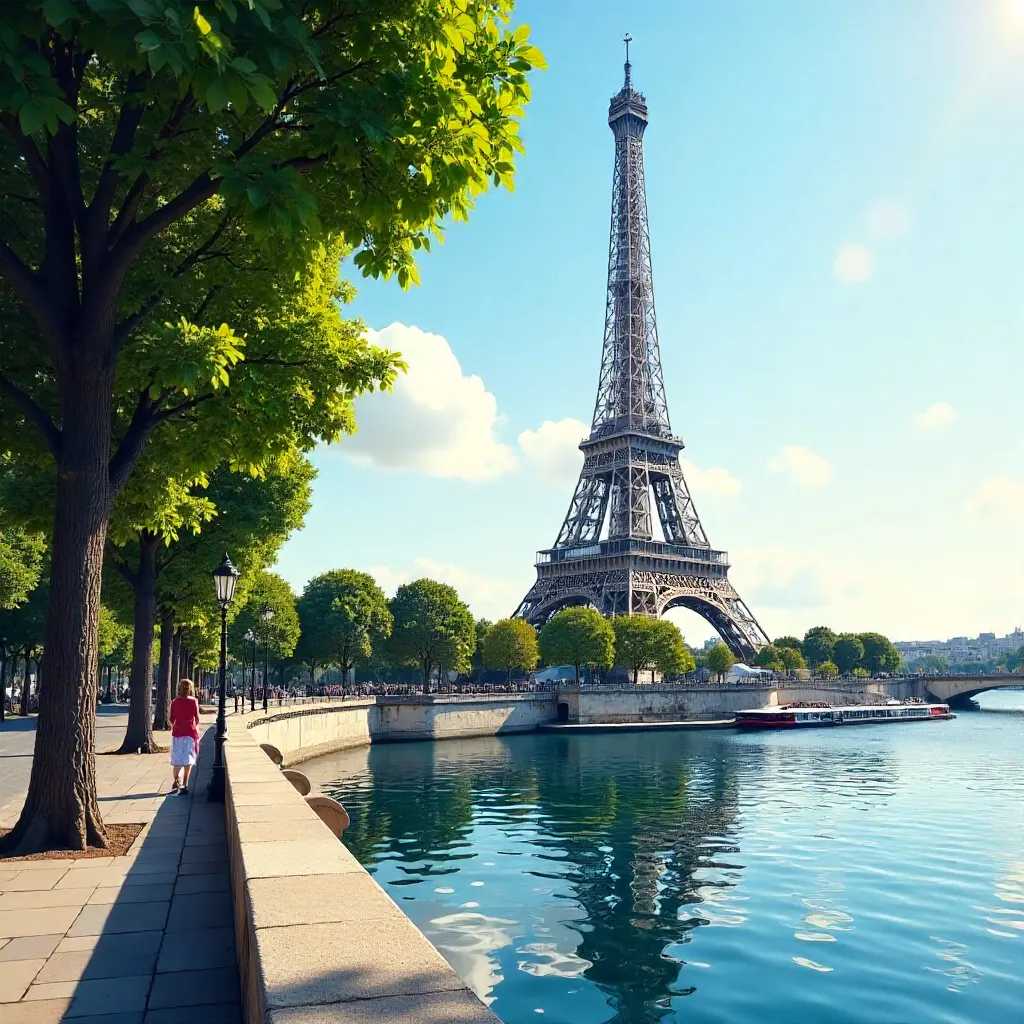 Blue Skies Over the Seine: Eiffel Tower View
