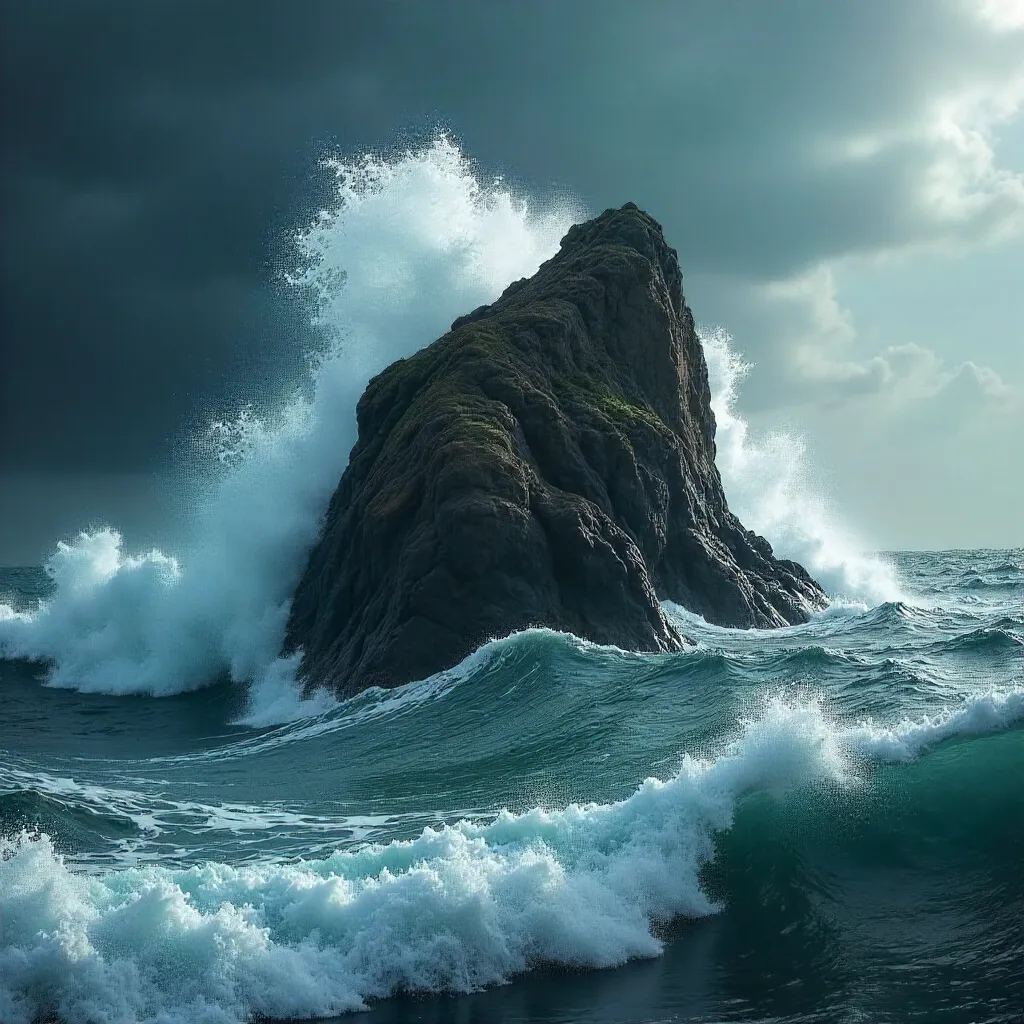 Crashing Tide over a Solitary Sea Rock in Storm Light