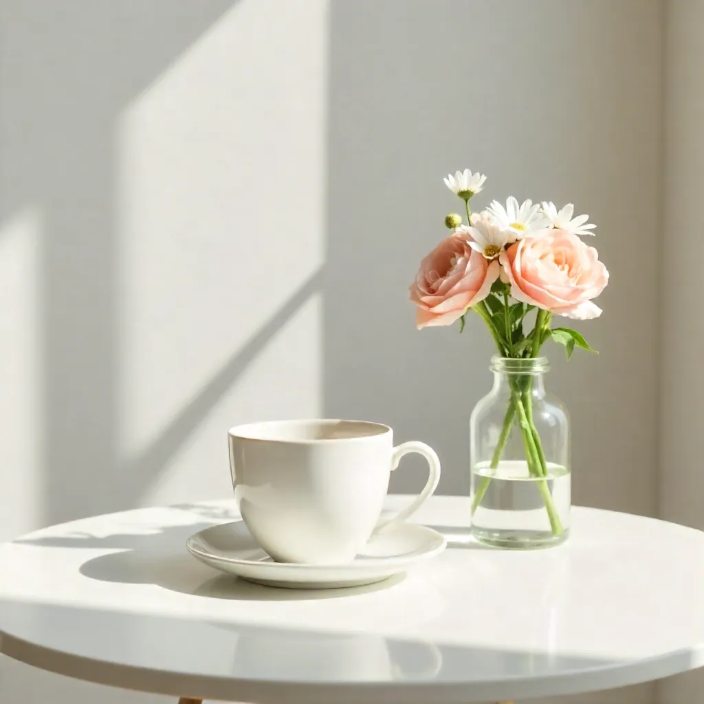 Minimalist Coffee Cup with Flowers on White Table