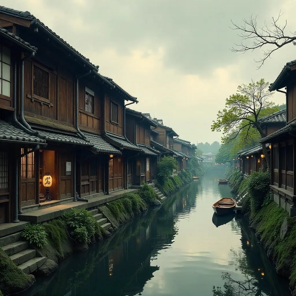 Kyoto's Kamo River Machiya Under Cloudy Skies